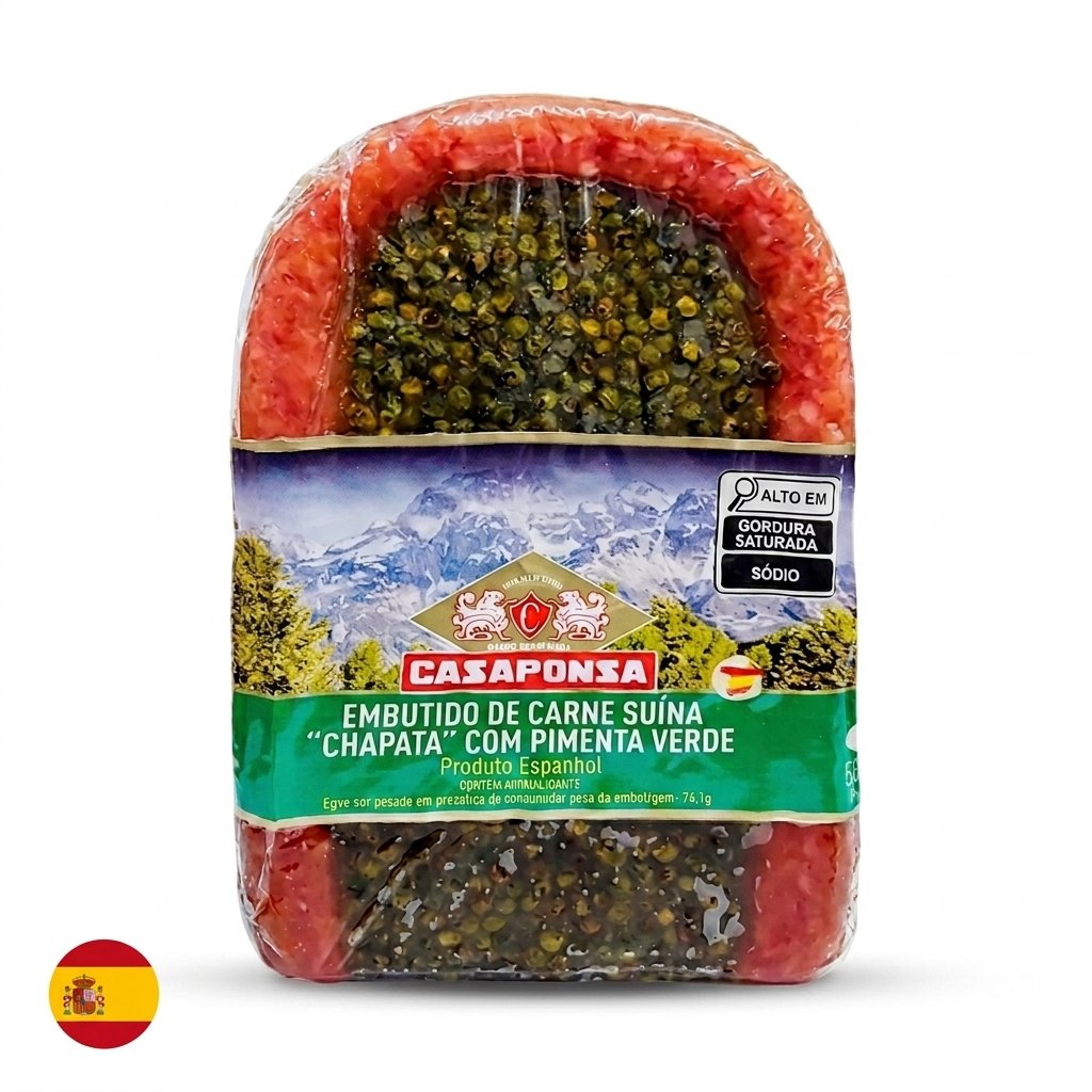 Salame Chapata com Pimenta Verde Casaponsa em embalagem original, com formato achatado e pimenta verde aparente, sobre fundo branco