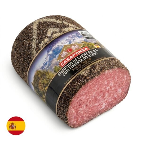Salame com Pimenta-do-Reino Casaponsa, peça inteira com cobertura de pimenta-do-reino e rótulo original, sobre fundo branco
