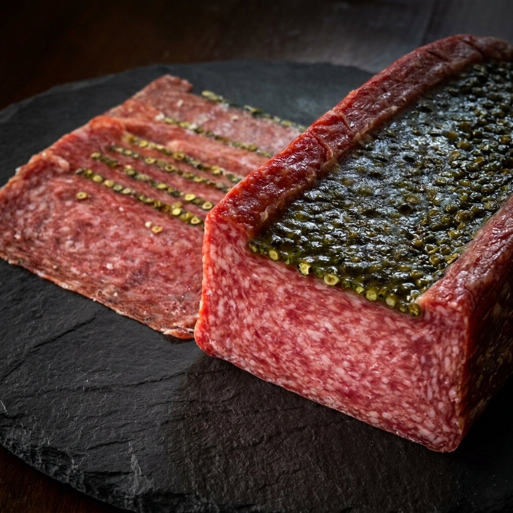 Salame Chapata com Pimenta Verde Casaponsa cortado sobre tábua de ardósia escura, mostrando a carne suína e os grãos de pimenta verde