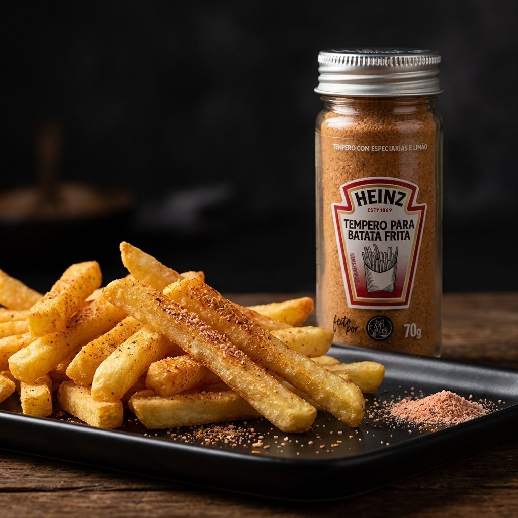 Batatas fritas temperadas com Tempero para Batata Frita Heinz 70 g, com o pote ao fundo.
