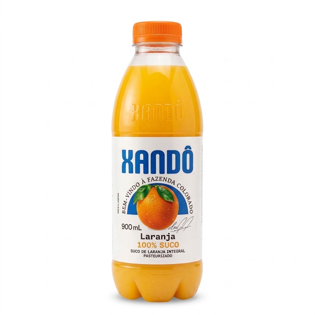 Garrafa de Suco de Laranja Integral Xandô 900 mL sobre fundo branco