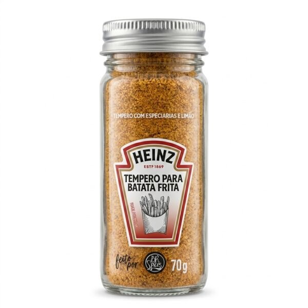 Pote de Tempero para Batata Frita Heinz 70 g sobre fundo branco