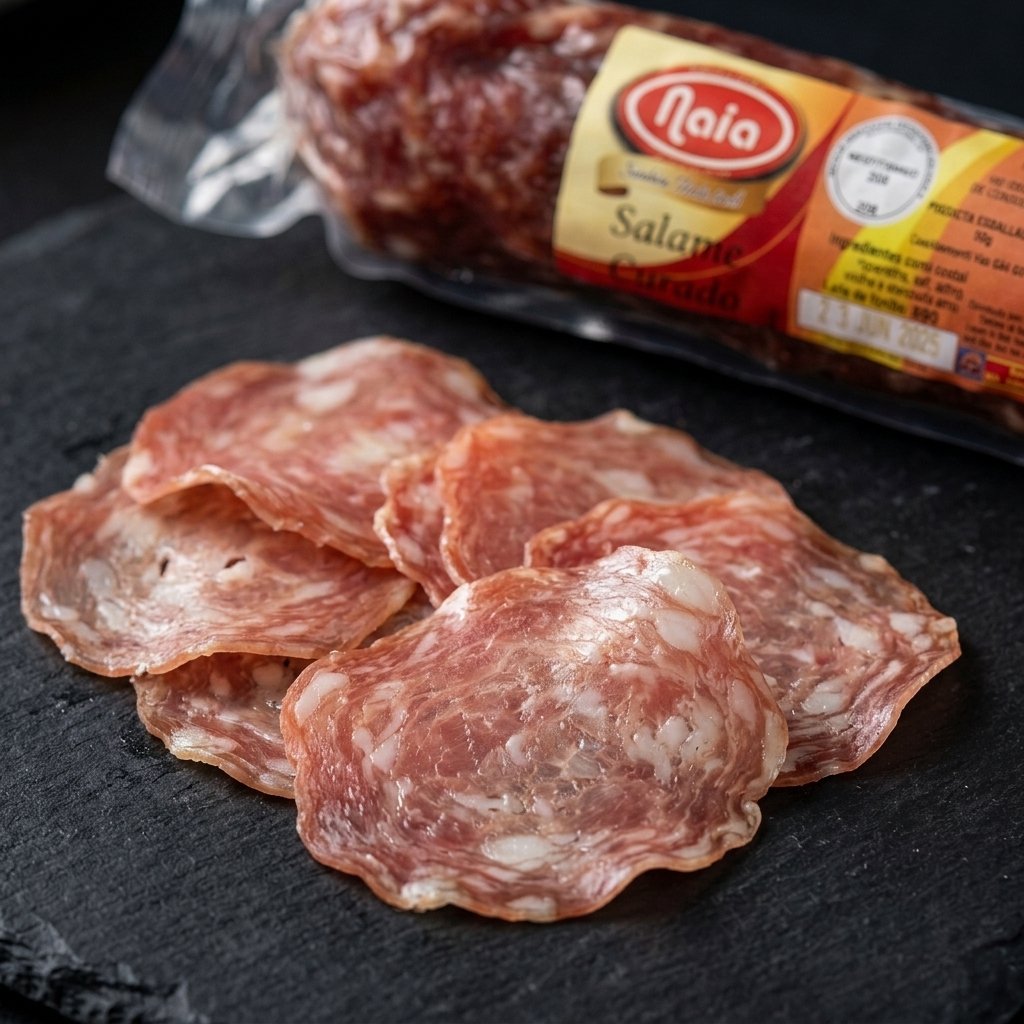 Fatias finas de Salame Artesanal Naia Charcutaria sobre tábua de madeira, com a peça Ramiro Charcuteiro ao fundo
