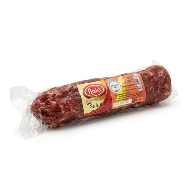 Salame Artesanal Naia Charcutaria Ramiro Charcuteiro, peça inteira na embalagem original sobre fundo branco