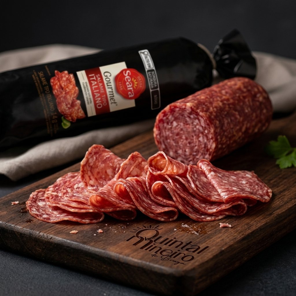 Fatias finas de Salame Tipo Italiano Seara Gourmet sobre tábua de madeira, com a embalagem original ao fundo
