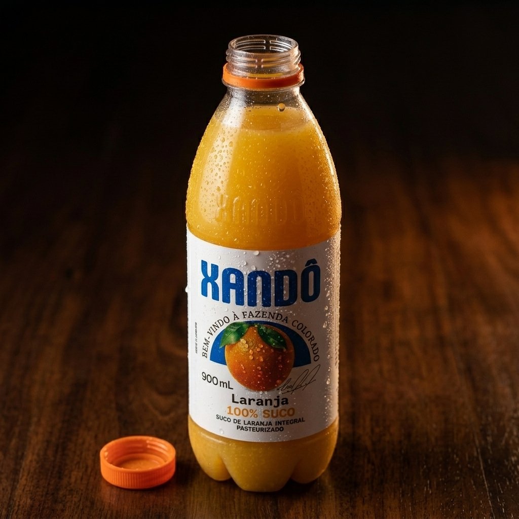 Garrafa aberta de Suco de Laranja Integral Xandô 900 mL, gelada e com gotas de condensação sobre fundo escuro